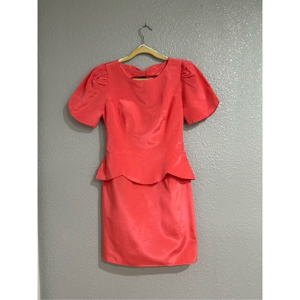 Vintage 80s Peach Pink Rayon Short Sleeve Peplum Mini Dress Bold Eclectic S